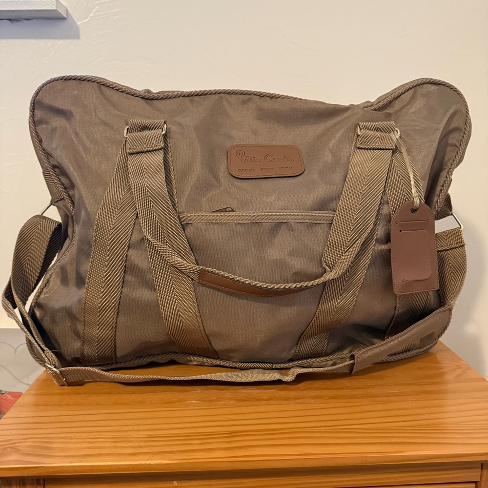 Vintage Pierre Cardin Tan Nylon Duffel Travel Bag with Shoulder Strap